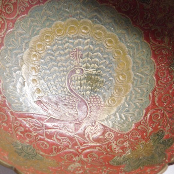 Vintage Peacock Floral Brass Enameled Bowl - Picture 4 of 7